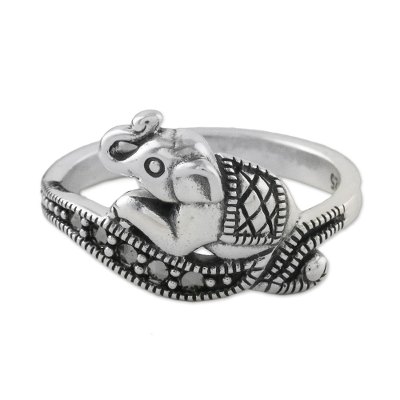 Marcasite pave ring, 'Relaxing Elephant' - Sterling Silver Faceted Marcasite Relaxing Elephant Ring