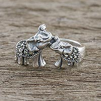 Marcasite cocktail ring, 'Mommy and Me' - Sterling Silver and Faceted Marcasite Elephant Cocktail Ring