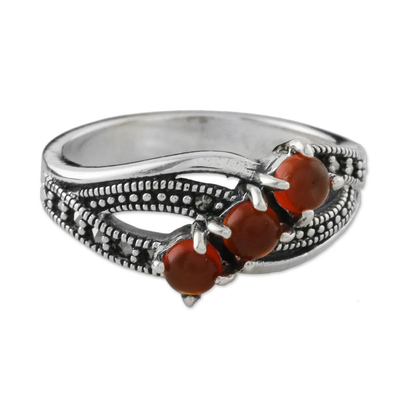 Onyx cocktail ring, 'Eternal Orange' - Sterling Silver Orange Onyx Faceted Marcasite 3-Stone Ring