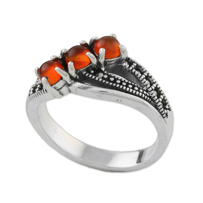 Onyx cocktail ring, 'Eternal Orange' - Sterling Silver Orange Onyx Faceted Marcasite 3-Stone Ring