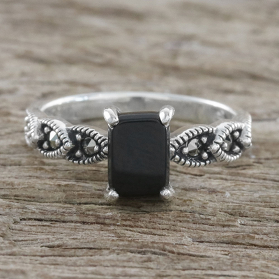 Onyx cocktail ring, 'Starry Midnight' - Sterling Silver Starry Midnight Black Onyx Cocktail Ring