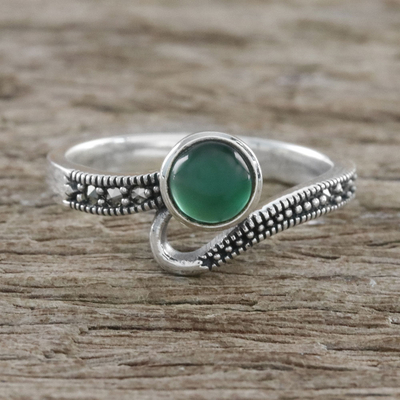 Onyx cocktail ring, 'Gala Green' - Sterling Silver Marcasite and Green Onyx Cocktail Ring