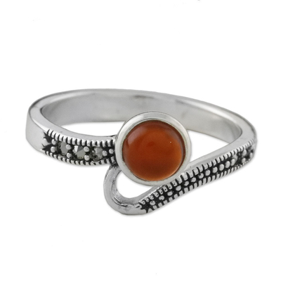 Onyx cocktail ring, 'Gala Orange' - Thai Sterling Silver Marcasite and Orange Onyx Dotted Ring