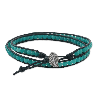 Karen Silver Leaf Aqua Blue Quartz Beaded Wrap Bracelet