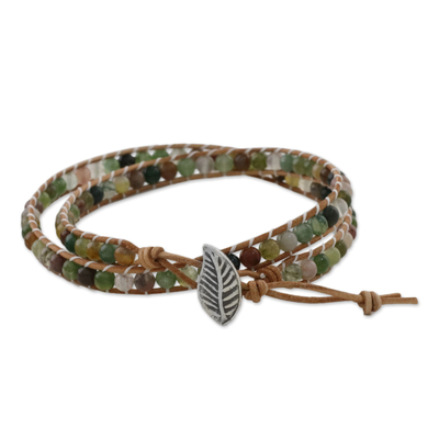 Multi-Colored Agate and Glass Beaded Leaf Wrap Bracelet