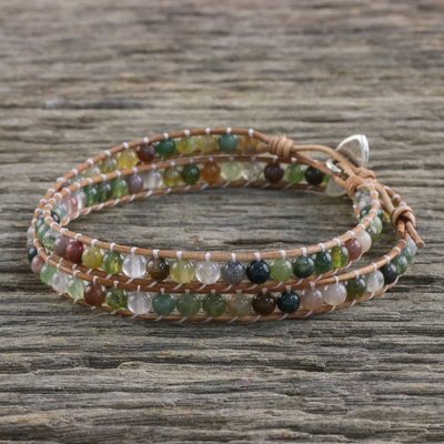 Agate and glass beaded wrap bracelet, 'Umber Dream' - Multi-Colored Agate and Glass Beaded Leaf Wrap Bracelet