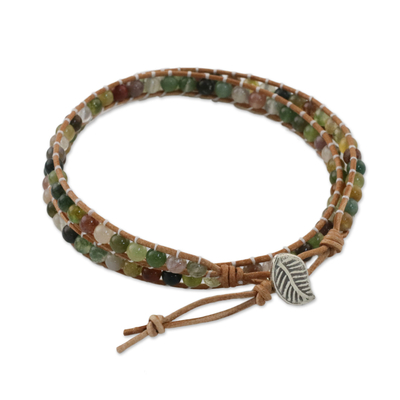 Agate and glass beaded wrap bracelet, 'Umber Dream' - Multi-Colored Agate and Glass Beaded Leaf Wrap Bracelet