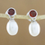 Cultured pearl and garnet dangle earrings, 'Pure Velvet' - Garnet and Cultured Freshwater Pearl Silver Dangle Earrings (image 2) thumbail
