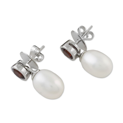 Cultured pearl and garnet dangle earrings, 'Pure Velvet' - Garnet and Cultured Freshwater Pearl Silver Dangle Earrings