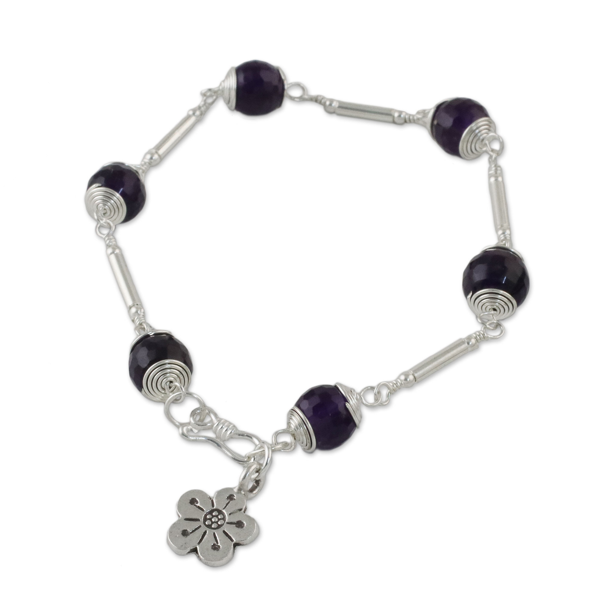 Amethyst Beaded Link Bracelet from Thailand - Violet Daisy | NOVICA