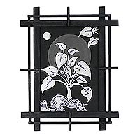 Leaf Composition Wood Wall Art in Silver from Thailand,'Midnight Leaves in Silver'
