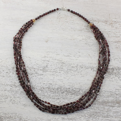 Garnet beaded necklace, 'Grape Festival' - Red Garnet and Glass Bead Grape Festival Beaded Necklace