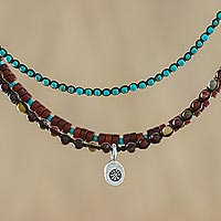 Jasper and calcite beaded pendant necklace, 'Mesa Sky' - Jasper and Calcite Karen Silver Sun Pendant Necklace