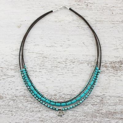 Calcite beaded pendant necklace, 'Elephant Sky' - Calcite Bead and Karen Silver Elephant Pendant Necklace