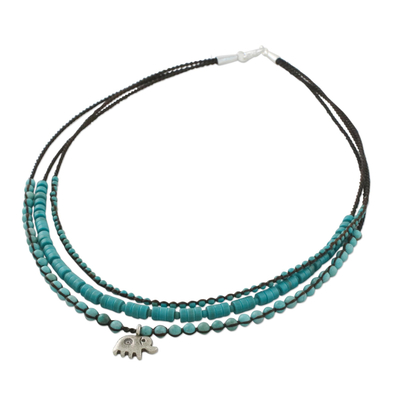 Calcite beaded pendant necklace, 'Elephant Sky' - Calcite Bead and Karen Silver Elephant Pendant Necklace
