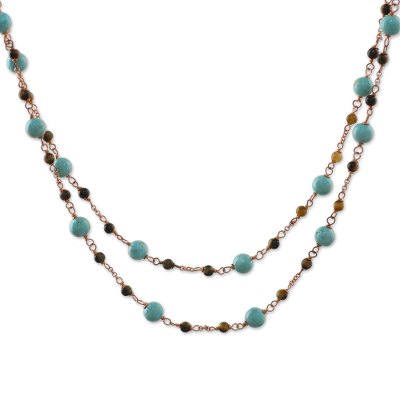 Tiger's eye and calcite long station necklace, 'Afternoon Air' - Calcite and Tiger's Eye Copper Very Long Station Necklace