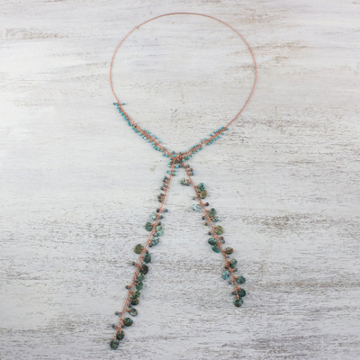 Multi-gemstone lariat necklace, 'Lovely Ocean' - Handcrafted Multi-Gemstone Bead and Copper Wrap Necklace