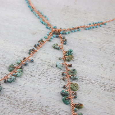 Multi-gemstone lariat necklace, 'Lovely Ocean' - Handcrafted Multi-Gemstone Bead and Copper Wrap Necklace