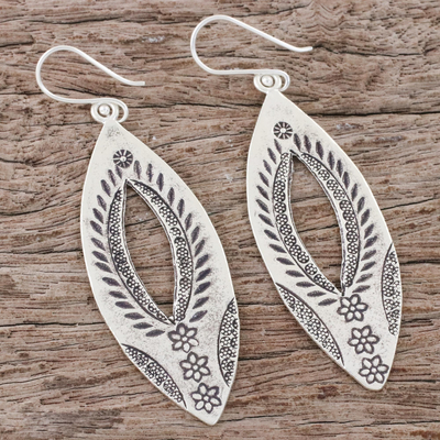 Silver dangle earrings, 'Karen Portals' - Karen Silver Dangle Earrings with Floral Stamps