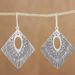 Silver dangle earrings, 'Karen Symbols' - Diamond-Shaped Silver Dangle Earrings from Thailand