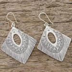 Silver dangle earrings, 'Karen Symbols' - Diamond-Shaped Silver Dangle Earrings from Thailand