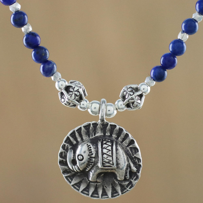 Lapis lazuli beaded pendant necklace, 'Way of the Elephant' - Lapis Lazuli Elephant Beaded Pendant Necklace from Thailand