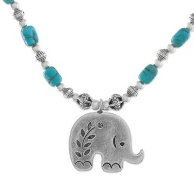 Silver beaded pendant necklace, 'Cool Elephant' - Karen Silver Elephant Beaded Pendant Necklace from Thailand