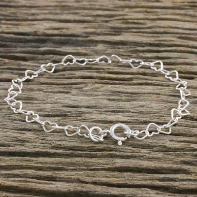 Sterling silver link bracelet, 'Lots of Love' - Heart Motif Sterling Silver Link Bracelet from Thailand
