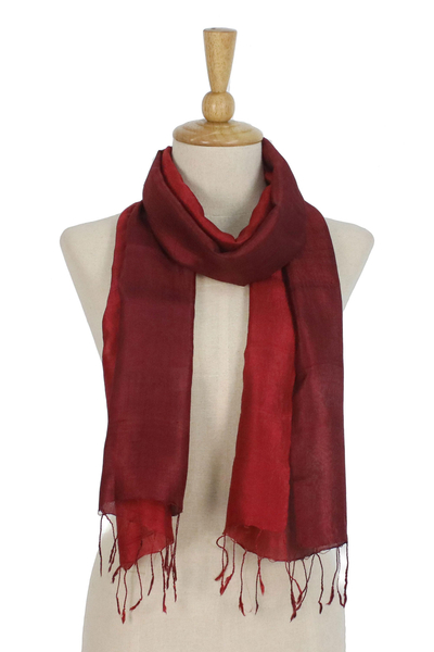 Fular de seda tratado anudado - Bufanda de seda tejida a mano con tratamiento anudado rojo rubí con flecos