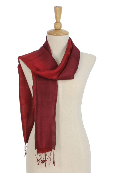 Tie-dyed silk scarf, 'Ruby Love' - Ruby Red Tie-Dyed Handwoven Silk Scarf with Fringe