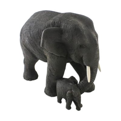 Elephant Mother and Child Hand Carved Teak Figurine