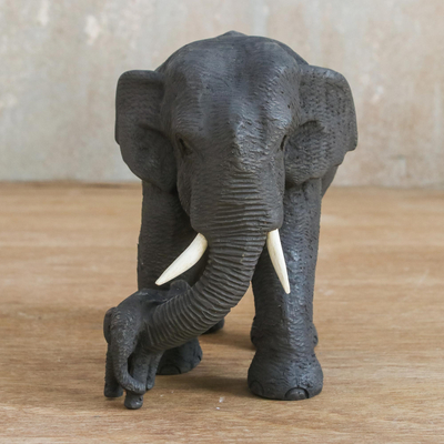 Escultura de madera de teca - Elefante Madre e Hijo Figura Teca Tallada a Mano