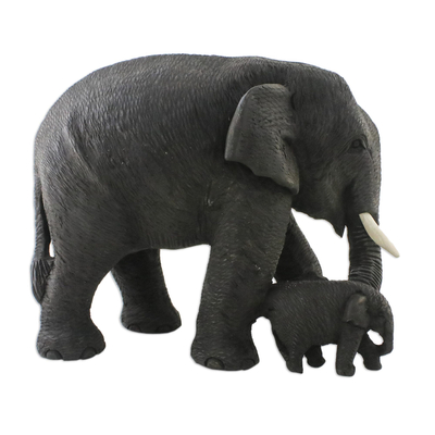 Skulptur aus Teakholz - Elefantenmutter und Kind, handgeschnitzte Figur aus Teakholz