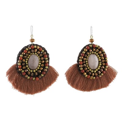 Brown Fringe Quartz Jasper and Brass Bead Dangle Earrings
