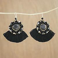 Quartz and agate dangle earrings, 'Twilight Dancer' - Black Fringe Quartz Agate and Brass Bead Dangle Earrings