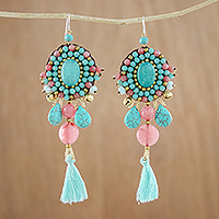 Quartz and calcite dangle earrings, 'Ballroom Chic in Aqua' - Pink Quartz Blue Calcite Beaded Oval Tassel Dangle Earrings