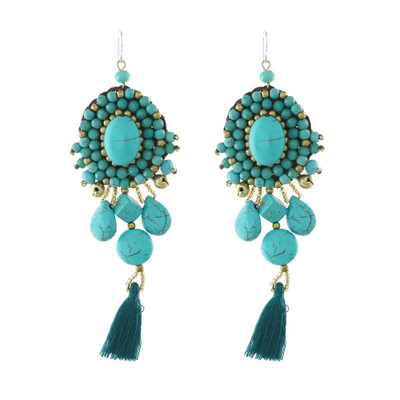 Calcite dangle earrings, 'Ballroom Chic in Turquoise' - Turquoise Blue Calcite Beaded Oval Tassel Dangle Earrings