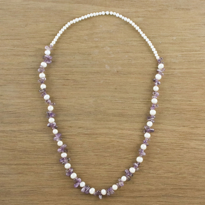 Amethyst and cultured pearl beaded necklace, 'Soft Lavender' - Amethyst and Cultured Pearl Beaded Necklace from Thailand