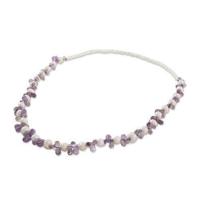 Amethyst and cultured pearl beaded necklace, 'Soft Lavender' - Amethyst and Cultured Pearl Beaded Necklace from Thailand