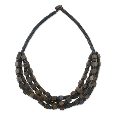 Brown Cube and Black Disc Wood Multi-Strand Beaded Necklace