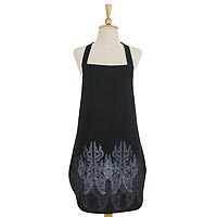 Cotton apron, 'Naga' - Naga White on Black Printed Cotton Apron with Two Pockets
