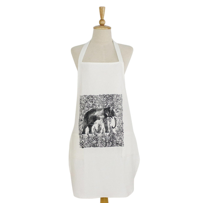 Black Elephant on White Cotton Apron with Two Pockets