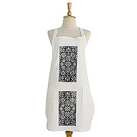 Cotton apron, 'Thai Floral' - Black Floral Pattern on White Cotton Apron with Two Pockets