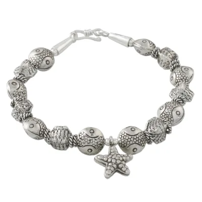 Silver beaded bracelet, 'Sea Charm' - Sea-Themed Starfish Charm Karen Silver Beaded Bracelet