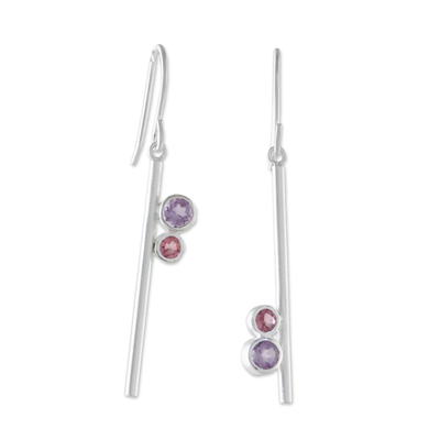 Amethyst and tourmaline dangle earrings, 'Modern Enchantment' - Modern Amethyst and Tourmaline Earrings from Thailand