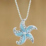 Larimar pendant necklace, 'Starfish Sparkle' - Larimar and Sterling Silver Starfish Pendant Necklace