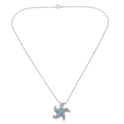 Larimar pendant necklace, 'Starfish Sparkle' - Larimar and Sterling Silver Starfish Pendant Necklace