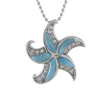 Larimar pendant necklace, 'Starfish Sparkle' - Larimar and Sterling Silver Starfish Pendant Necklace