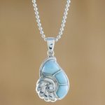 Larimar pendant necklace, 'Ocean's Call' - Larimar and Sterling Silver Nautilus Pendant Necklace