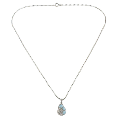 Larimar pendant necklace, 'Ocean's Call' - Larimar and Sterling Silver Nautilus Pendant Necklace